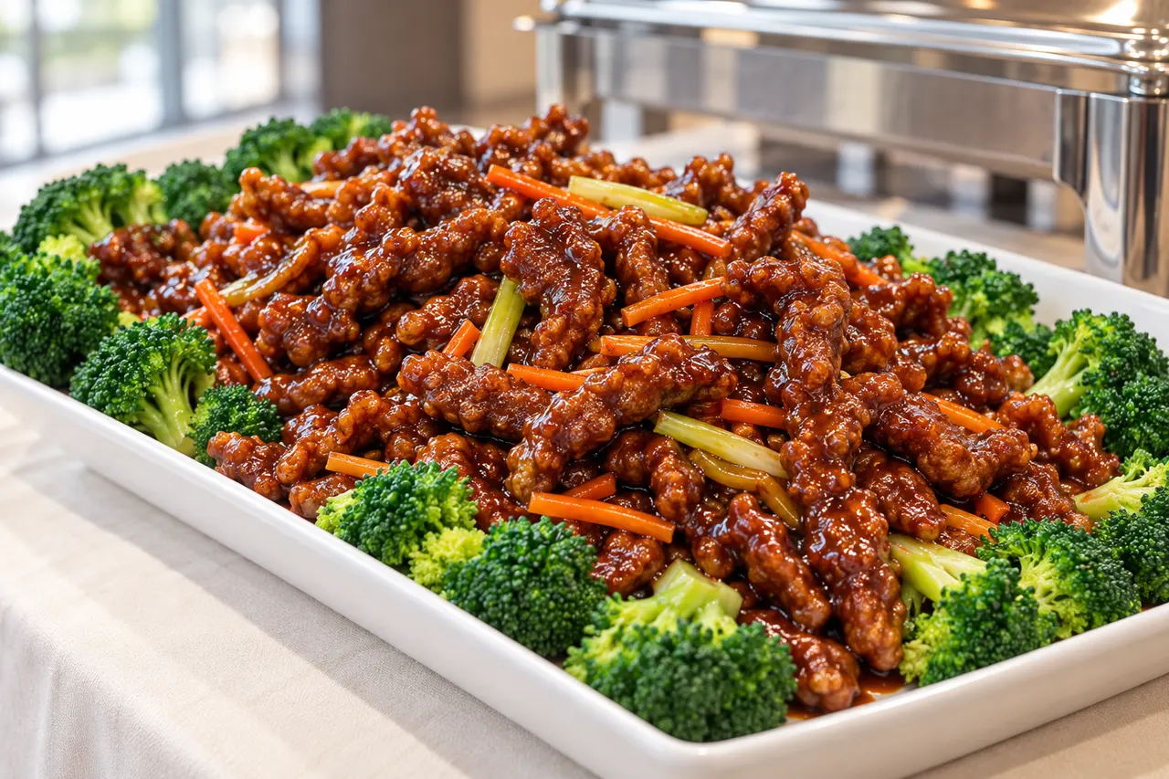 Crispy beef catering platter with broccoli