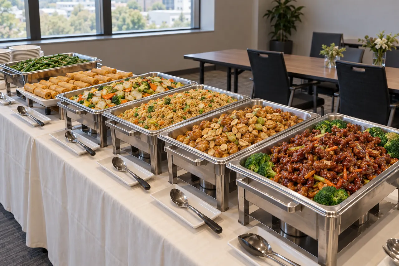 Chinese food catering buffet with chafing dishes set up in an office